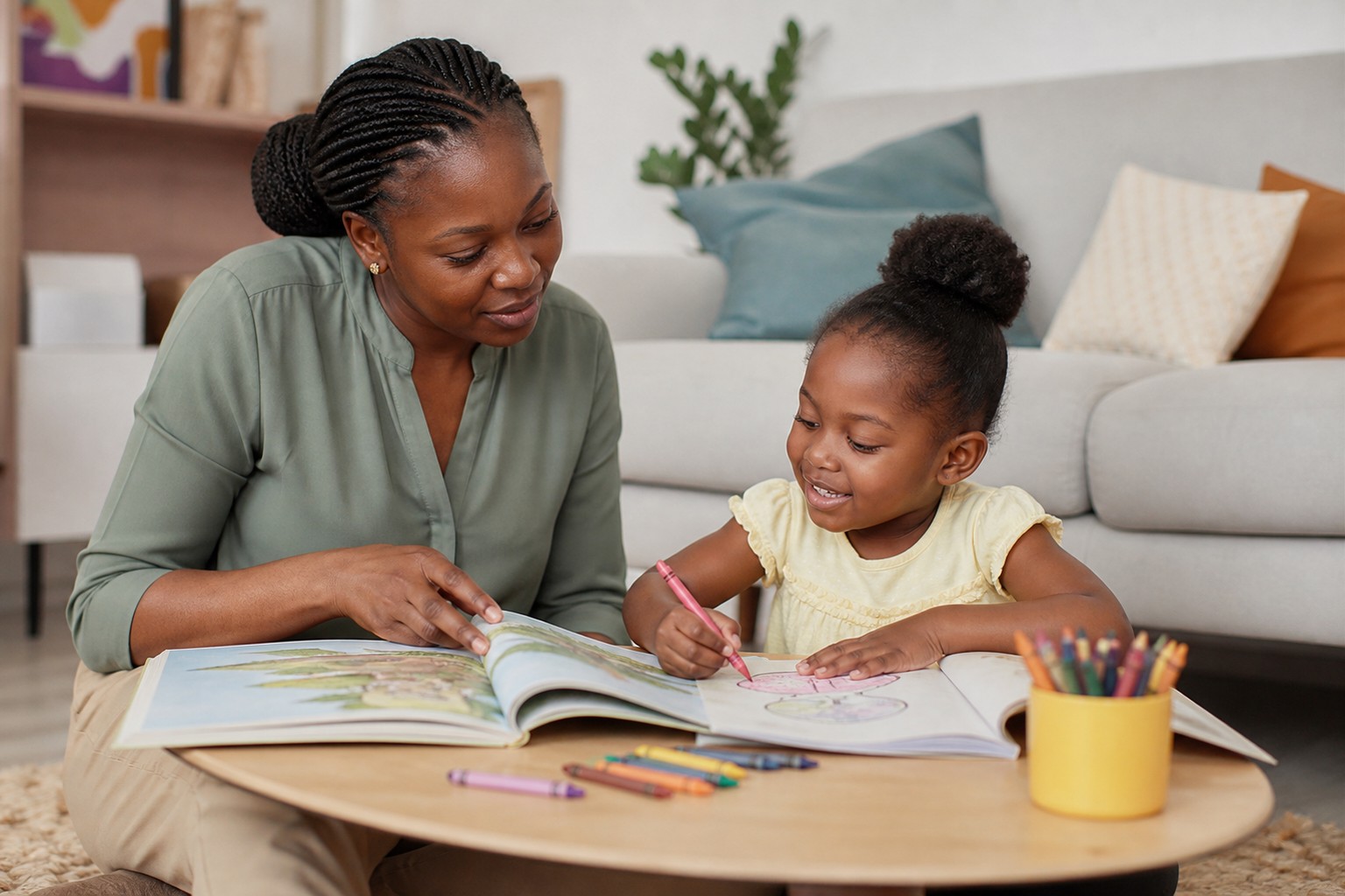 Nanny guiding a young child through a reading and colouring activity